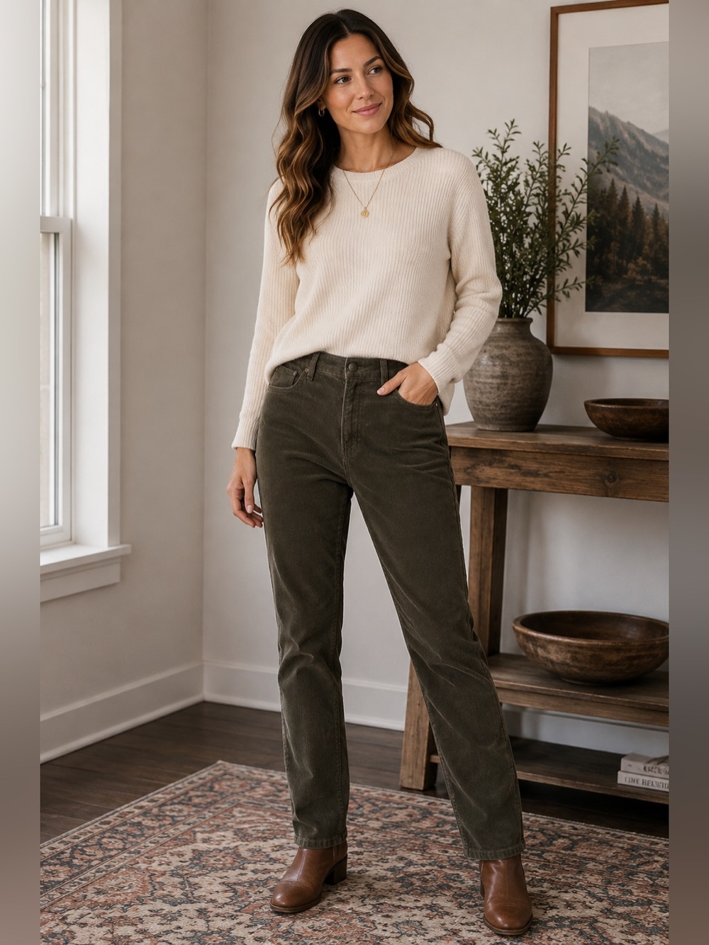 Quince Olive Green Corduroy Straight Leg Hi-Rise Pants Women’s Academia Size 10